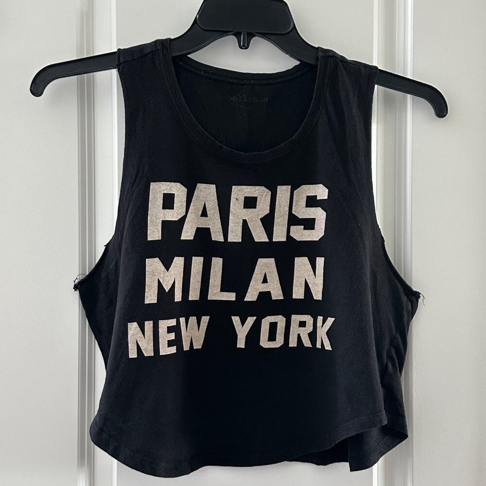 Rebellious Crop Tank Top With Paris Milan New York Print Black Cotton Sleeveless